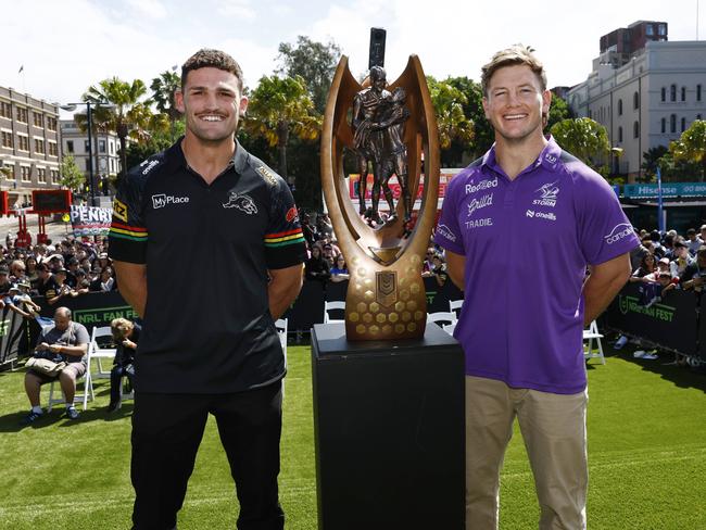 Captains Nathan Cleary and Harry Grant. Picture: Richard Dobson