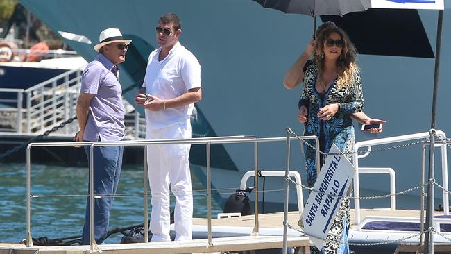 Kerry Stokes, left, with James Packer, centre, and singer Mariah Carey, right, at Portofino, Italy, on June 26, 2015. Picture: Photopix