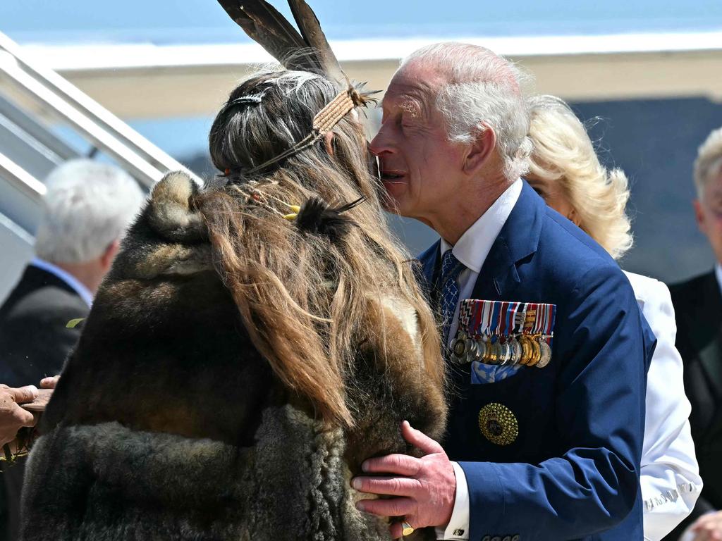 King Charles III was kissed by Ngunnawal Elder Aunty Serena Williams upon the royal couple’s arrival in Canberra on October 21. Picture: AFP