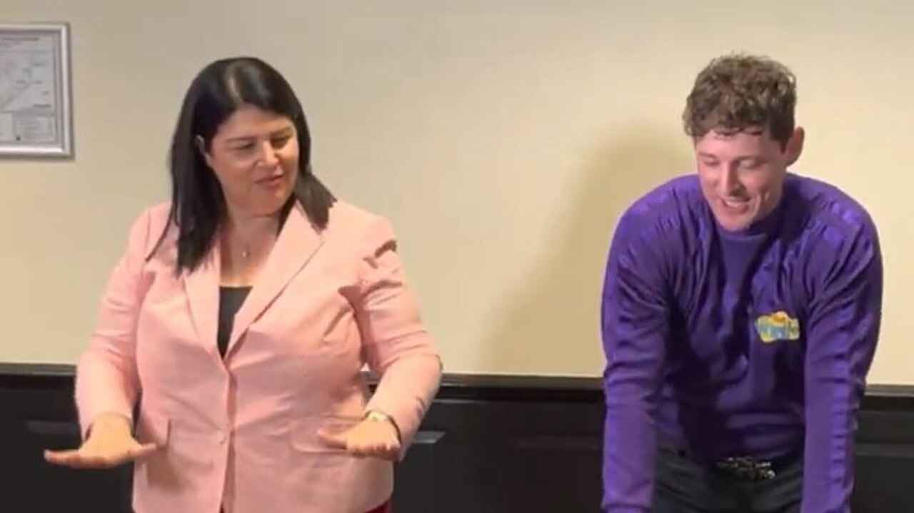 The minister wasn’t afraid to join in with Purple Wiggle Lachlan Gillespie.