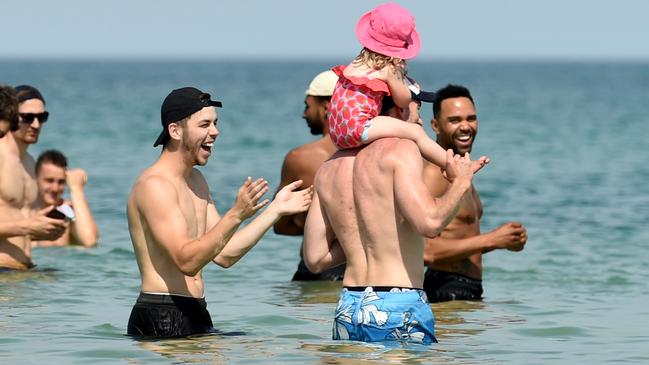 Adelaide 36ers players having a good time at the beach. Picture: Tricia Watkinson