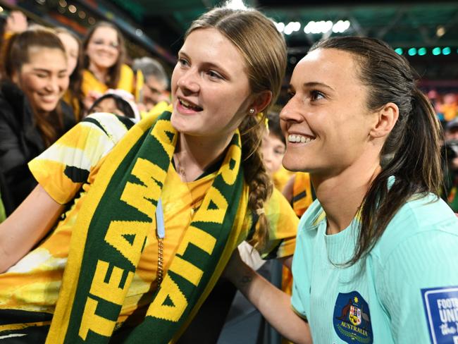 BRISBANE, AUSTRALIA - AUGUST 19: Hayley Raso of Australia greets supporters following the FIFA Women's World Cup Australia & New Zealand 2023 Third Place Match match between Sweden and Australia at Brisbane Stadium on August 19, 2023 in Brisbane, Australia. (Photo by Justin Setterfield/Getty Images)