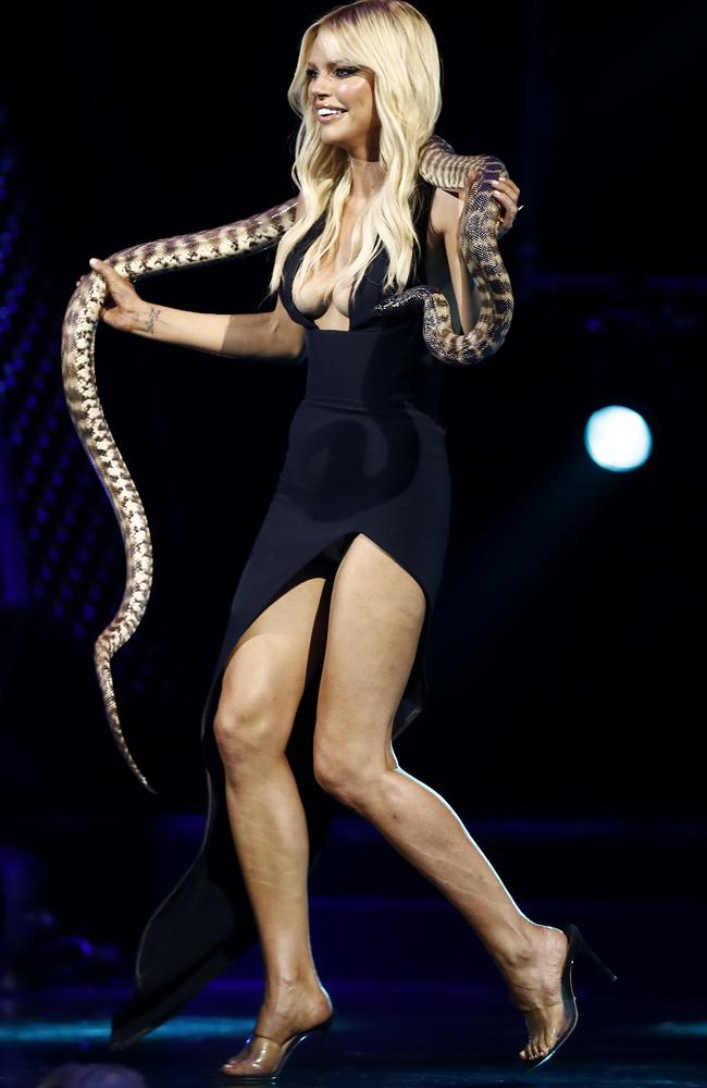 The Love Island host was rattled by the python on stage at the ARIAs. Picture: Getty Images