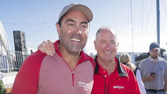 Wild Oats XI skipper Mark Richards with the yacht’s owner Sandy Oatley following their Sydney to Hobart win. Picture: Richard Jupe 