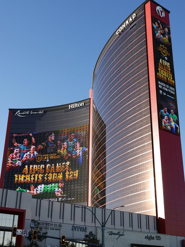 Digital billboard promoting the NRL season opener at Allegiant Stadium on the side of Resorts World building in Las Vegas. Picture: Jonathan Ng