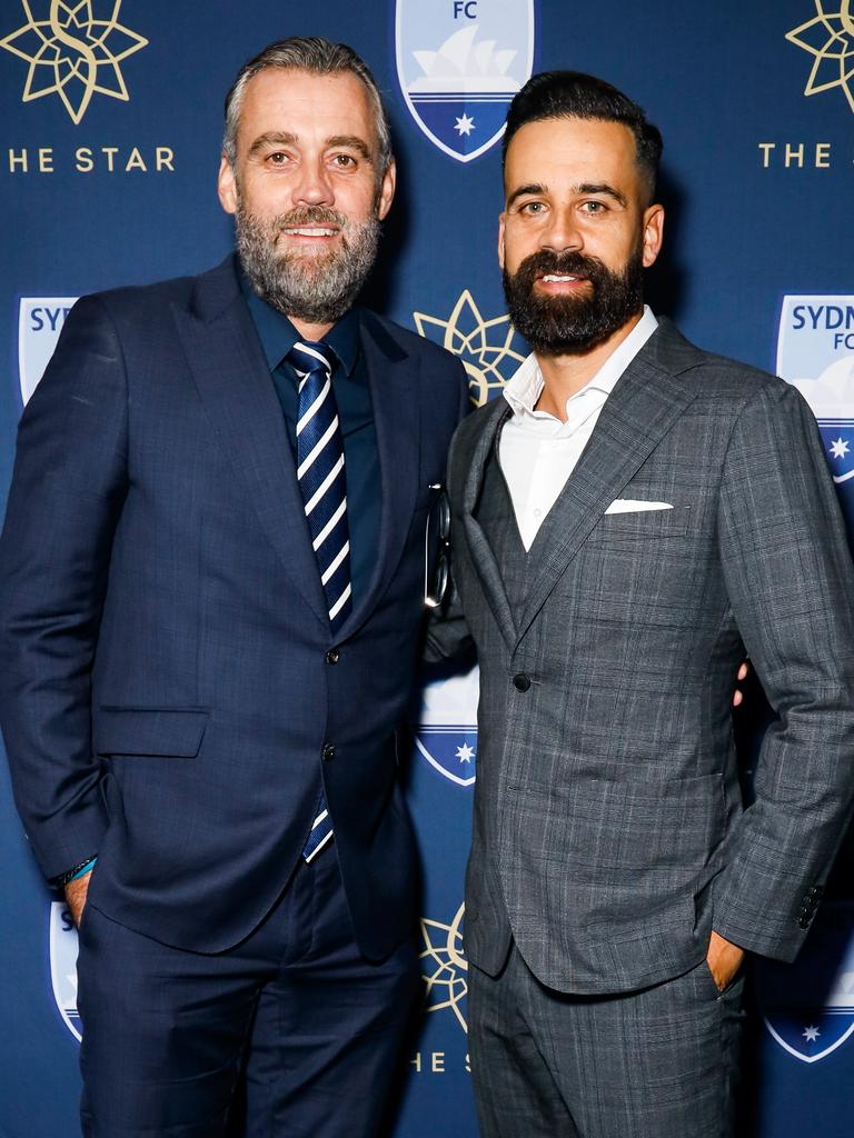 Simon Hill with former Sydney FC striker Alex Brosque. (Photo by Hanna Lassen/Getty Images for Sydney FC)