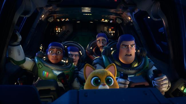 In Disney and Pixar’s Lightyear, Buzz (voice of Chris Evans) returns to the planet he’s been marooned on for decades after a monumental test flight