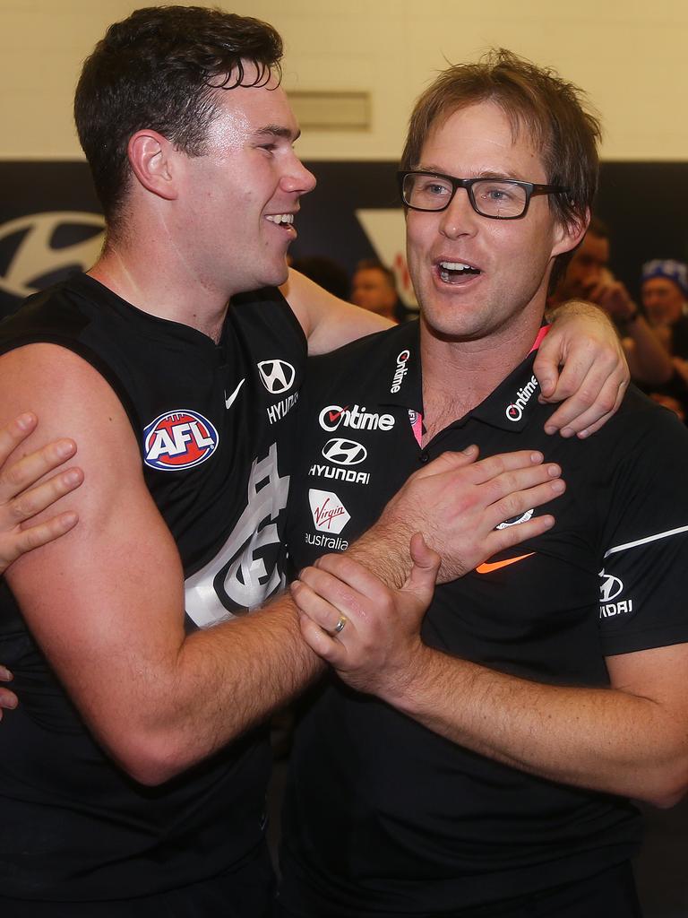 David Teague (right) made a winning start as Carlton caretaker. Pic: Michael Klein