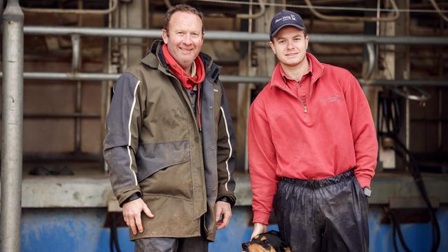 Nick and Will Renyard on their Curdievale dairy farm, where they run 600 mostly Holstein cows. Picture: Nicole Cleary