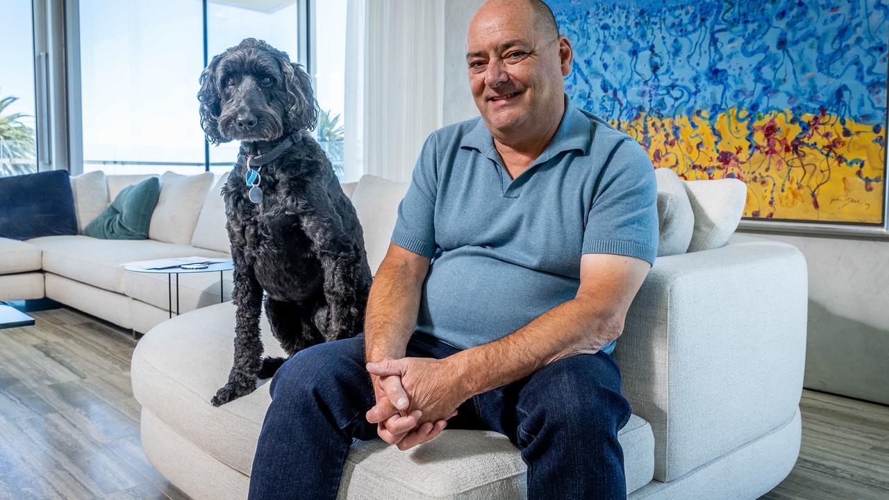 Danny Wallis is the multi-millionaire Victorian entrepreneur that's become a staple in Australian households ever since he became Danny from the Block, at home with his dog Herby Picture: Jake Nowakowski.