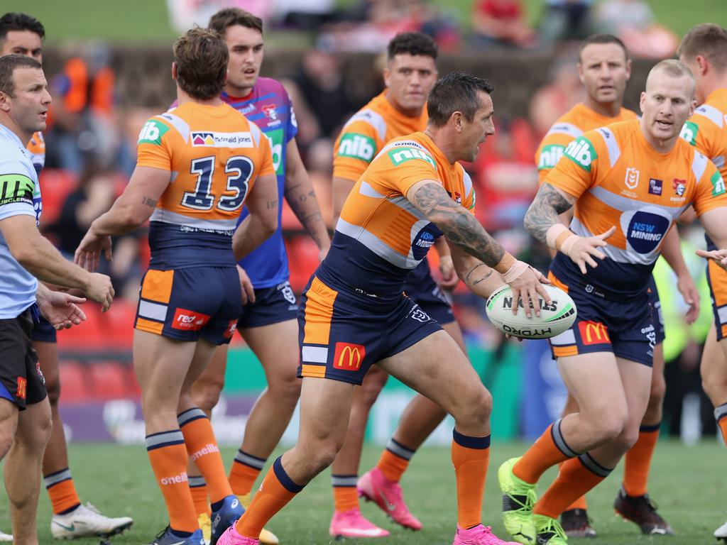 Knights star Mitchell Pearce left the field injured in the first half.