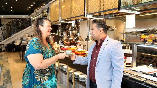 Guest Vanessa Salamone with food and beverage manager Snehal Sinha at the hotel’s breakfast buffet. Picture Dean Martin