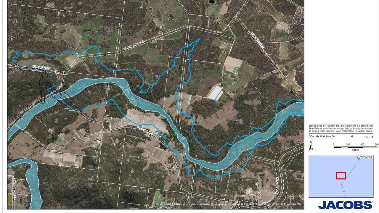 The 2019 business case Emu Swamp Dam plans. The thin blue line indicates where the outline of the dam will be.