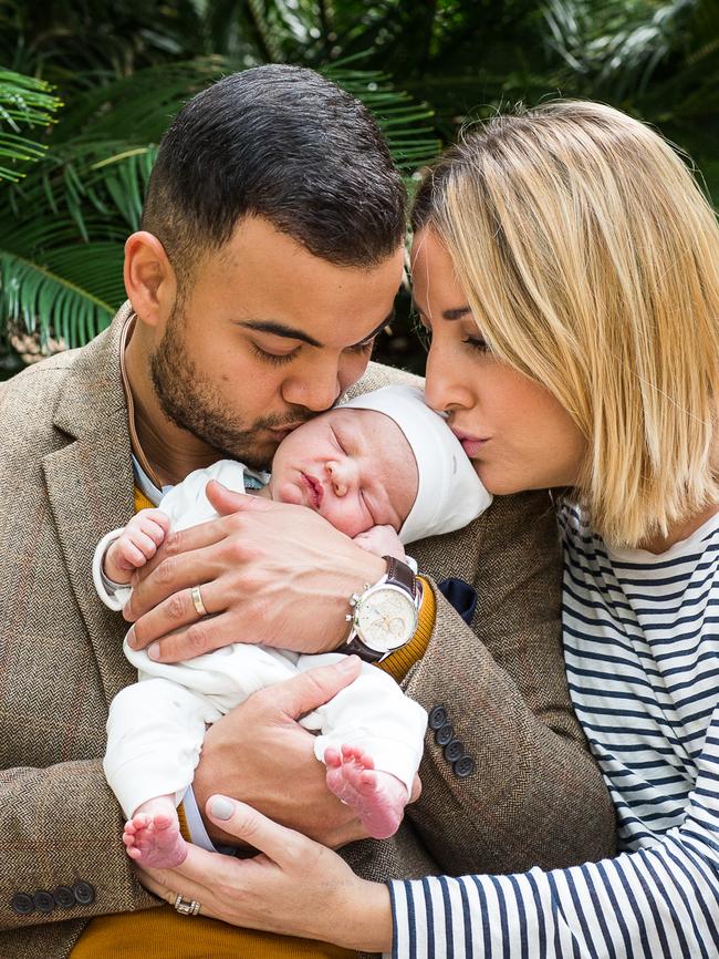 Guy and Jules Sebastian with newborn baby Archer. Picture: gm photographics