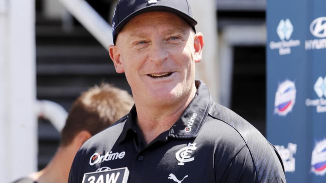 Michael Voss speaks to the media after the training run. Picture: AFL Photos via Getty Images