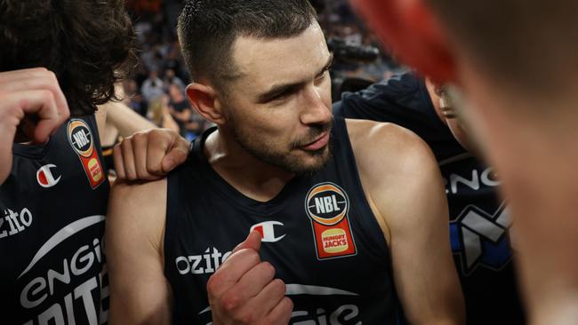 MELBOURNE, AUSTRALIA - MARCH 04: Chris Goulding of United speaks to the team after winning game three of the NBL Semi Final Series between Melbourne United and Perth Wildcats at John Cain Arena, on March 04, 2025, in Melbourne, Australia. (Photo by Daniel Pockett/Getty Images)