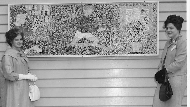 Carranballac State School mural in 1964, Mary Forsythe-Cleary pictured left. Picture: Supplied