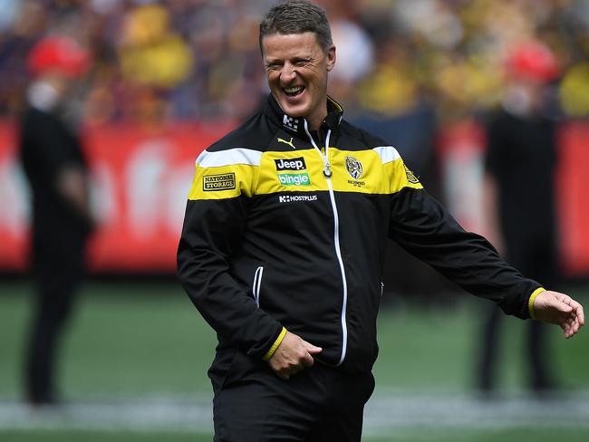 Damien Hardwick was all smiles, showing no sign of pre-match nerves. Picture: AAP Image/Julian Smith