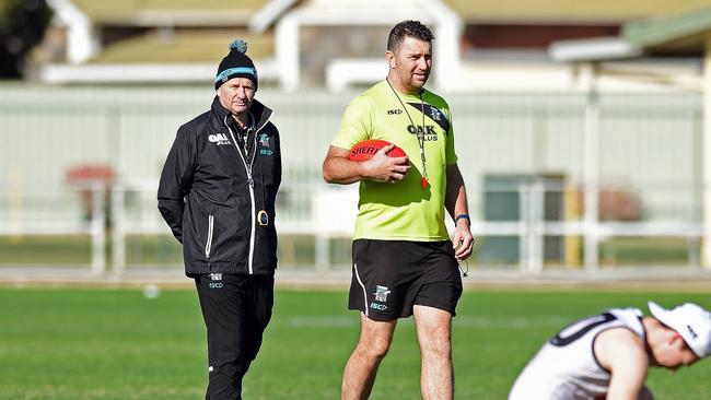 Power coach Ken Hinkley and assistant coach Brendon Lade at Port Adelaide training at Alberton Oval last month. Picture: Tom Huntley