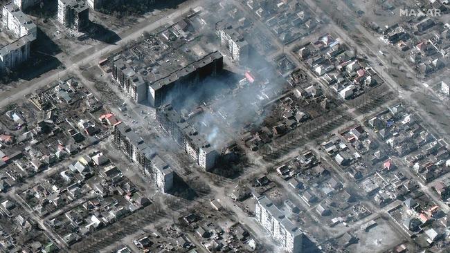 Burning and destroyed high-rise apartment buildings in Mariupol, Ukraine. Picture: Maxar Technologies