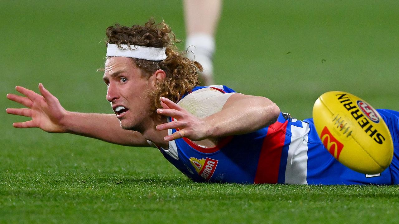 GEELONG, AUSTRALIA – AUGUST 26: Aaron Naughton of the Bulldogs reacts during the round 24 AFL match between Geelong Cats and Western Bulldogs at GMHBA Stadium, on August 26, 2023, in Geelong, Australia. (Photo by Morgan Hancock/Getty Images)