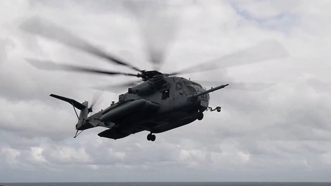 One of the attack helicopters assigned to the USS America while it was off the coast of Queensland for Exercise Talisman Sabre 2021 in this still from a video. Picture: Supplied