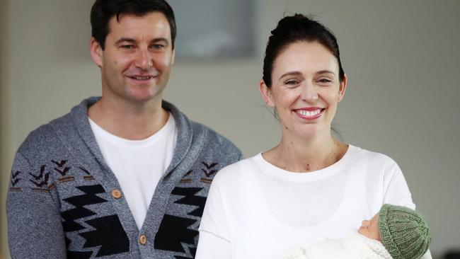 AUCKLAND, NEW ZEALAND - JUNE 24:  New Zealand Prime Minister Jacinda Ardern and partner Clarke Gayford pose for a photo with their new baby girl Neve Te Aroha Ardern Gayford on June 24, 2018 in Auckland, New Zealand. Prime Minister Ardern is the second world leader to give birth in office, and the first elected leader to take maternity leave. Arden will take six weeks of leave with Deputy Prime Minister Winston Peters assuming the role of Acting Prime Minister.  (Photo by Hannah Peters/Getty Images)