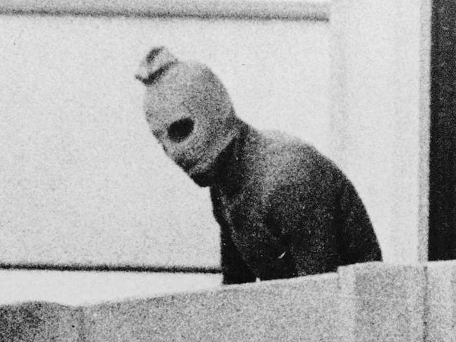 05/09/1972. An Arab commando, who raided the Israeli Olympic team quarters at the 1972 Munich Olympic Games, appears on thje balcony of the athletes village with a hood over their face, the first instance of terrorism at Olympics when the Israeli fencing coach and 10 athletes were massacred. Germany.