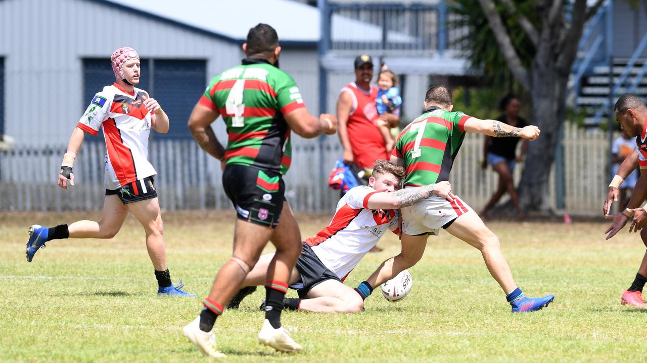 RUGBY LEAGUE - A DAY AT THE PARK: Bluff Rabbitohs' Reece Baker gets tackled