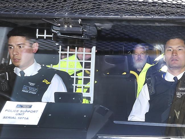 Julian Assange leaves Westminster Magistrates' Court. Picture: PA via AP