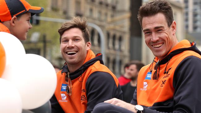 Toby Greene and Jeremy Cameron share a laugh at the Grand Final Parade. Picture: Phil Hillyard