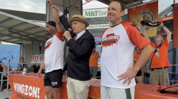 Australian competitive eater James Webb broke the world record when he ate 276 chicken wings in 12 minutes in the United States this month. Picture: Supplied.