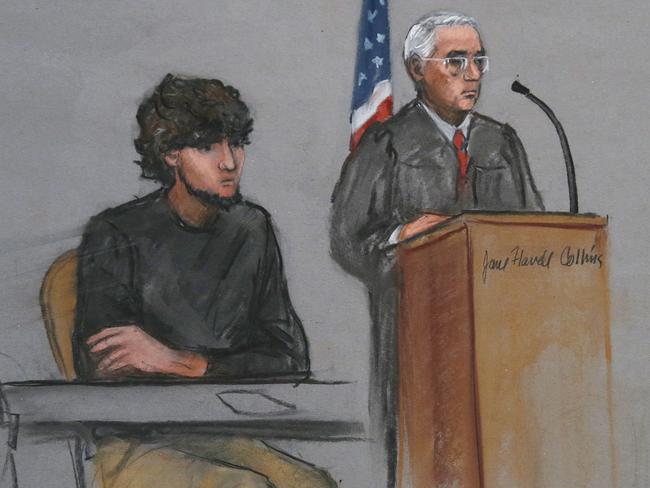 In this courtroom sketch, Boston Marathon bombing suspect Dzhokhar Tsarnaev, left, is depicted beside U.S. District Judge George O'Toole Jr. Picture: AP Photo/Jane Flavell Collins