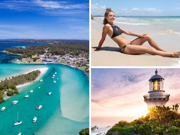 Idyllic Aussie beach towns, including (from left) Huskisson, Byron Bay and Seal Rocks, are being overrun with tourists.