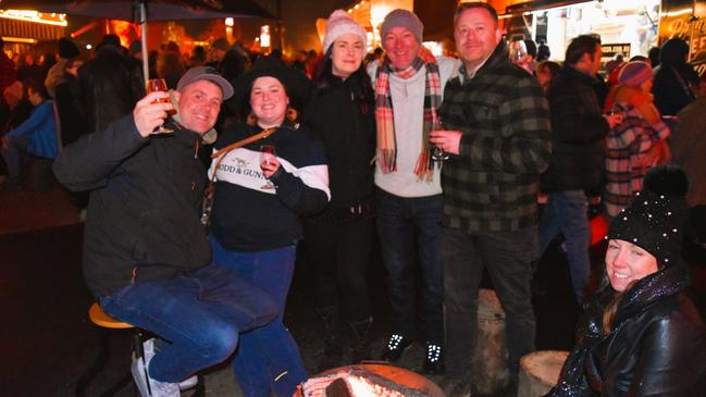 Perks, Caroline, Lauren, Steve, Ryan and Jo at the Whisky, Wine and Fire Festival 2024 at the Caulfield Racecourse. Picture: Jack Colantuono