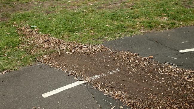 Drag marks leading to the crime scene at Buffalo Creek Reserve Playground. Picture: Jonathan Ng