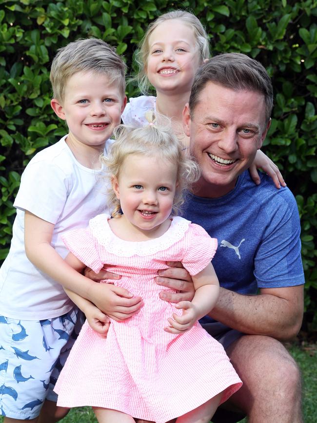 Ben Fordham pictured at home with his three kids, Marigold, 2, Pearl, 5 and Freddy 6. Picture: David Swift