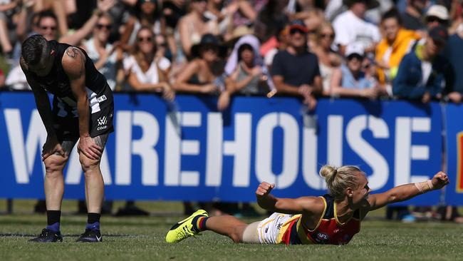 Crow Erin Phillips celebrates her goal in the fourth term. Picture: Wayne Ludbey