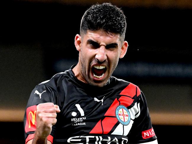 BRISBANE, AUSTRALIA - DECEMBER 06: Yonatan Cohen of Melbourne City celebrates after scoring a goal during the round seven A-League Men match between Brisbane Roar and Melbourne City at Suncorp Stadium, on December 06, 2024, in Brisbane, Australia. (Photo by Bradley Kanaris/Getty Images)