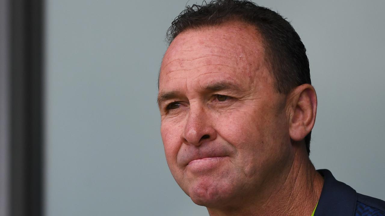 Raiders coach Ricky Stuart reacts during a welcome home reception at Raiders Club Belconnen in Canberra, Tuesday, October 8, 2019. (AAP Image/Lukas Coch) NO ARCHIVING