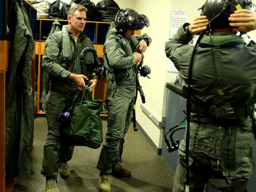 Australian Pilots training in the F35 fighter Jets Luke Airforce Base in Phoenix Arizona. Squadron Leader Wing Commander Darren Clare prepares for a flight. Picture: Nathan Edwards