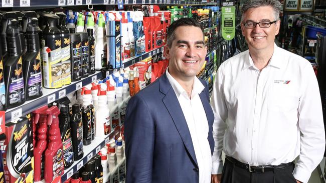 Incoming Super Retail Group CEO Anthony Heraghty (left) with outgoing chief Peter Birtles. 