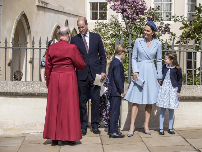 Prince William, Duke of Cambridge, Catherine, Duchess of Cambridge, Prince George and Princess Charlotte farewell Dean of Windsor, The Right Revd David Conner, at the Easter Matins Service, St George's Chapel. Picture: Jeff Gilbert-WPA Pool/Getty Images.