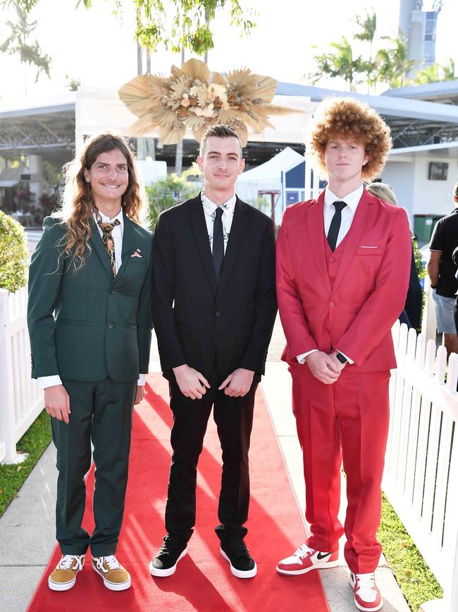 Baxter Burke, Nick Coad, and Will Doherty at the 2023 Caloundra State High School Year 12 formal. Picture: Patrick Woods.