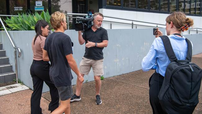 Media questioning Lyons after his release on bail on Monday. Picture: Patrick Woods