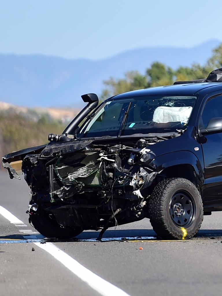 Aaron McRae’s car after the crash on Woolcock Street and Weston Street in Mount Louisa. Picture: Alix Sweeney