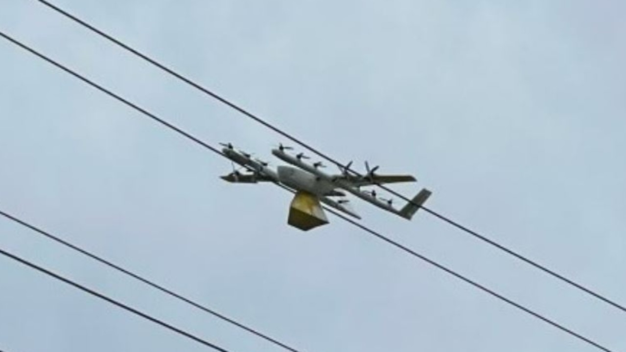 A Wings food delivery drone has landed on powerlines in South Brisbane. Picture: Energex