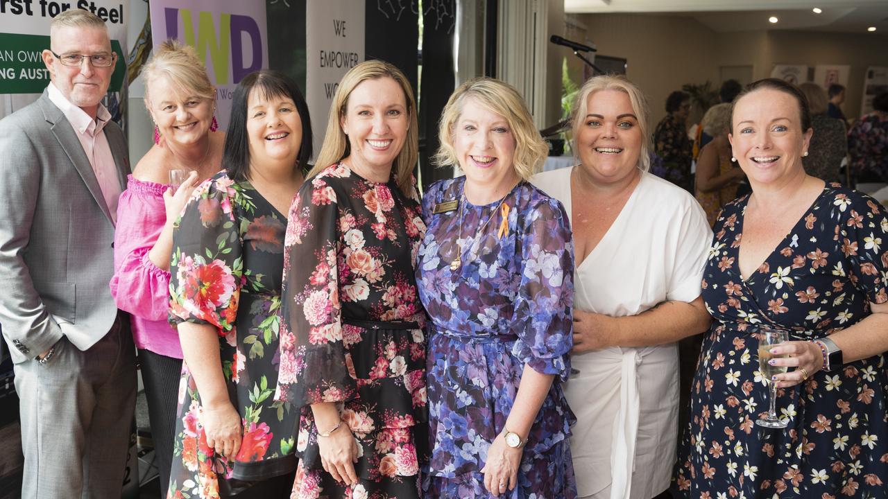 At the International Women's Day lunch hosted by Zonta Club of Toowoomba are (from left) Jason Whitmore, Linda Reynolds, Tisha Boughen, Trina Koch, club President Libby Gleeson, Anne-Maree Bowen and Trudy George at Picnic Point, Friday, March 3, 2023. Picture: Kevin Farmer