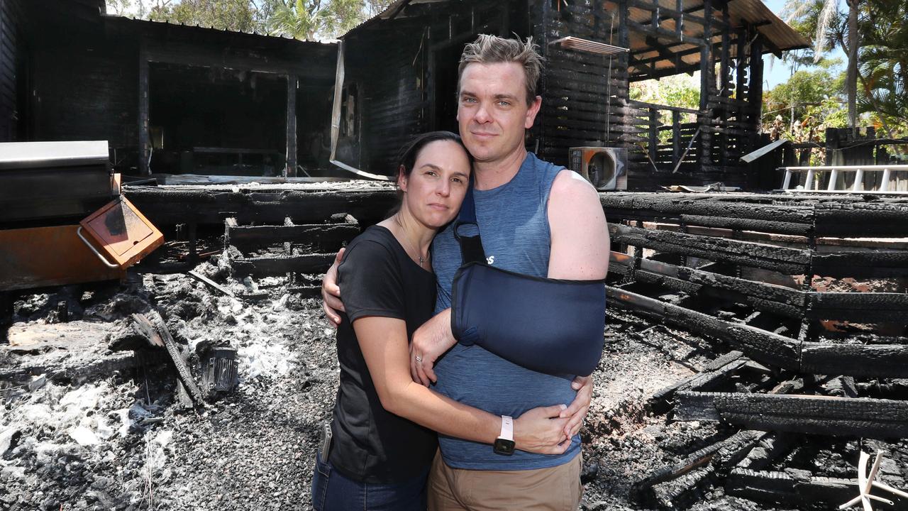 Holly and David Kemp at their devastated home in Cooroibah. Picture: Annette Dew