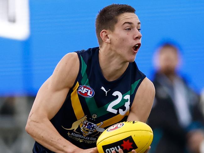 ADELAIDE, AUSTRALIA - APRIL 15: Connor O'Sullivan of the AFL Academy in action during the match between the AFL Academy and Port Adelaide Magpies at Summit Sports Park on April 15, 2023 in Adelaide, Australia. (Photo by Michael Willson/AFL Photos via Getty Images)